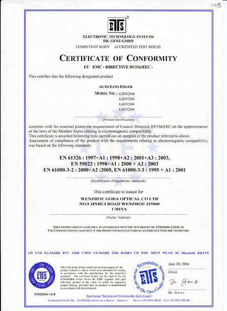 China JingGong Optical (Wenzhou International Trade SCM Co., Ltd.) certificaciones
